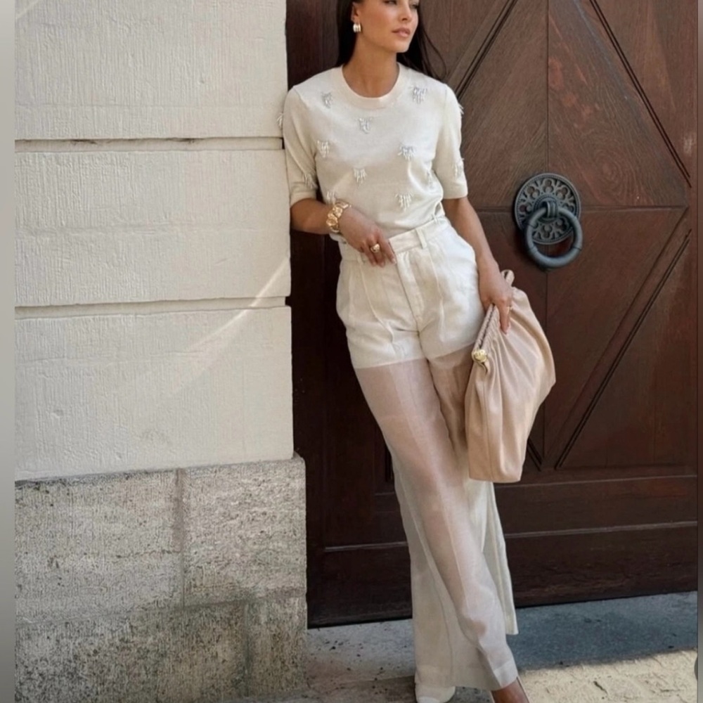 H&M CREAM WIDE-LEG SHEER PANTS SIZE 8